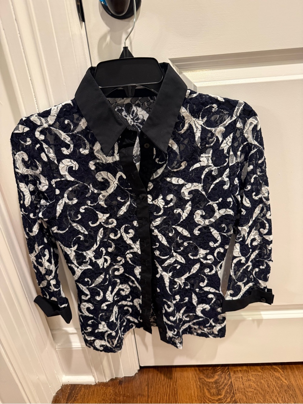 Anne Fontaine Navy and White Patterned Button-Down Shirt stretch lace